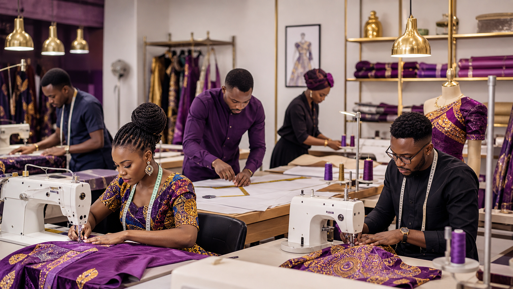 Nahor tailors working with sewing machines in the fashion studio